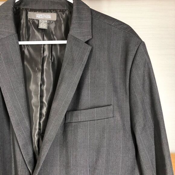 Sz XL/47- KENNETH COLE Reaction Dark Grey Plaid 2 Button Men Blazer Suit Jacket - Picture 3 of 12